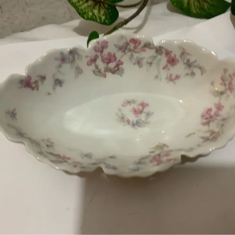 Antique Haviland Limoges Double Scalloped Edge Tray small Pink Flowers 8x4.5” B1